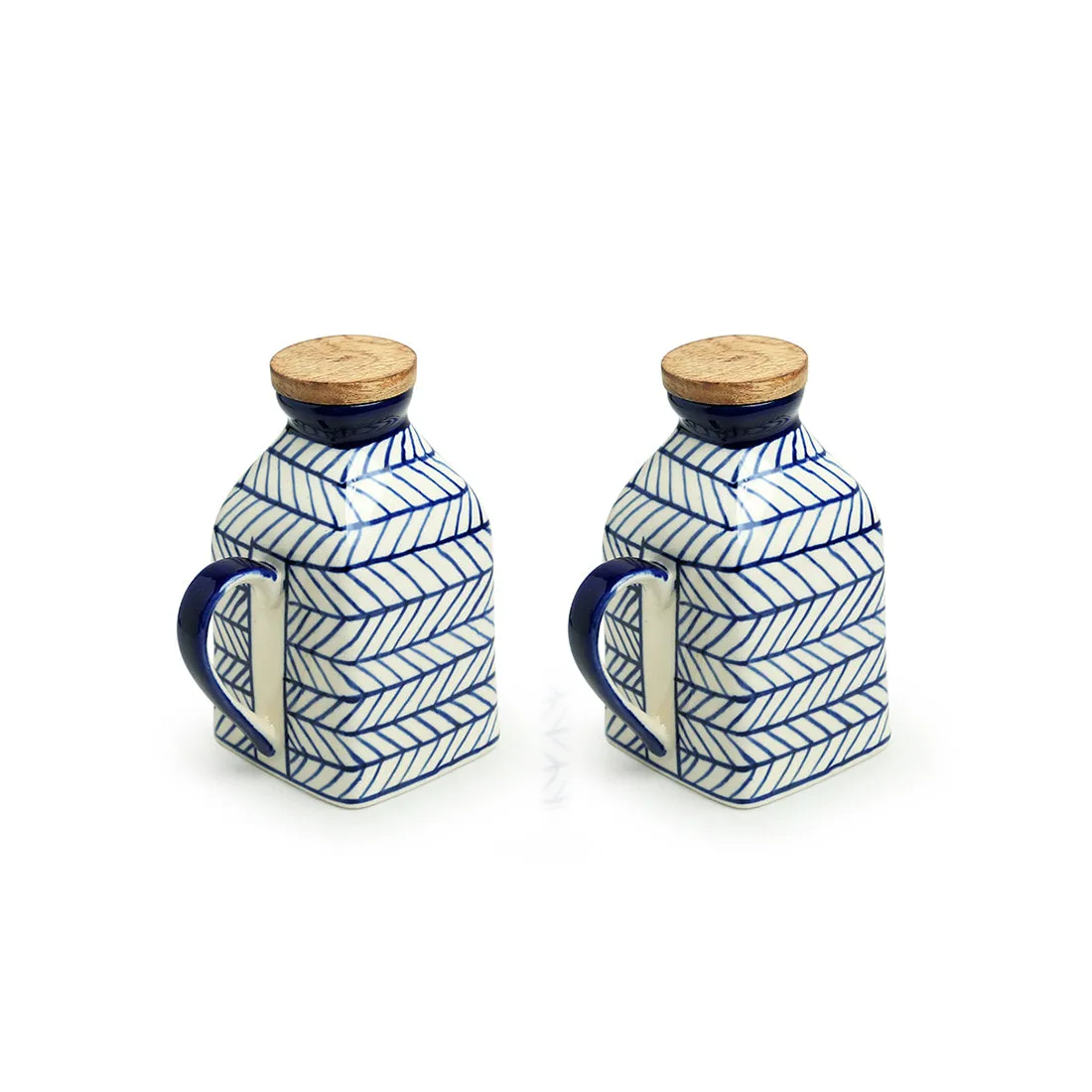 'Indigo Chevron' Handpainted Ceramic Milk & Water Jugs (Non-airtight, Set of 2, 480 ML, Microwave Safe)