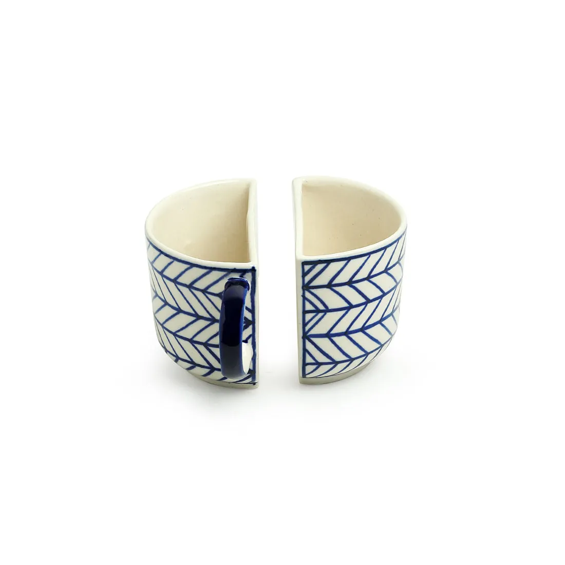 'Indigo Chevron' Handpainted Ceramic Unique Half Cup For Coffee & Tea (Set of 2, 200 ML, Microwave Safe)