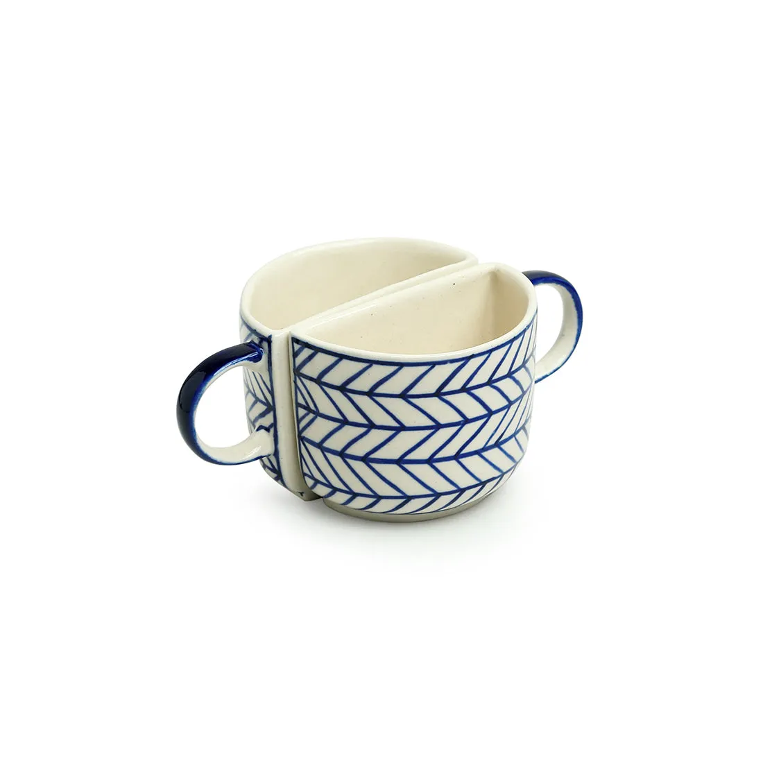 'Indigo Chevron' Handpainted Ceramic Unique Half Cup For Coffee & Tea (Set of 2, 200 ML, Microwave Safe)