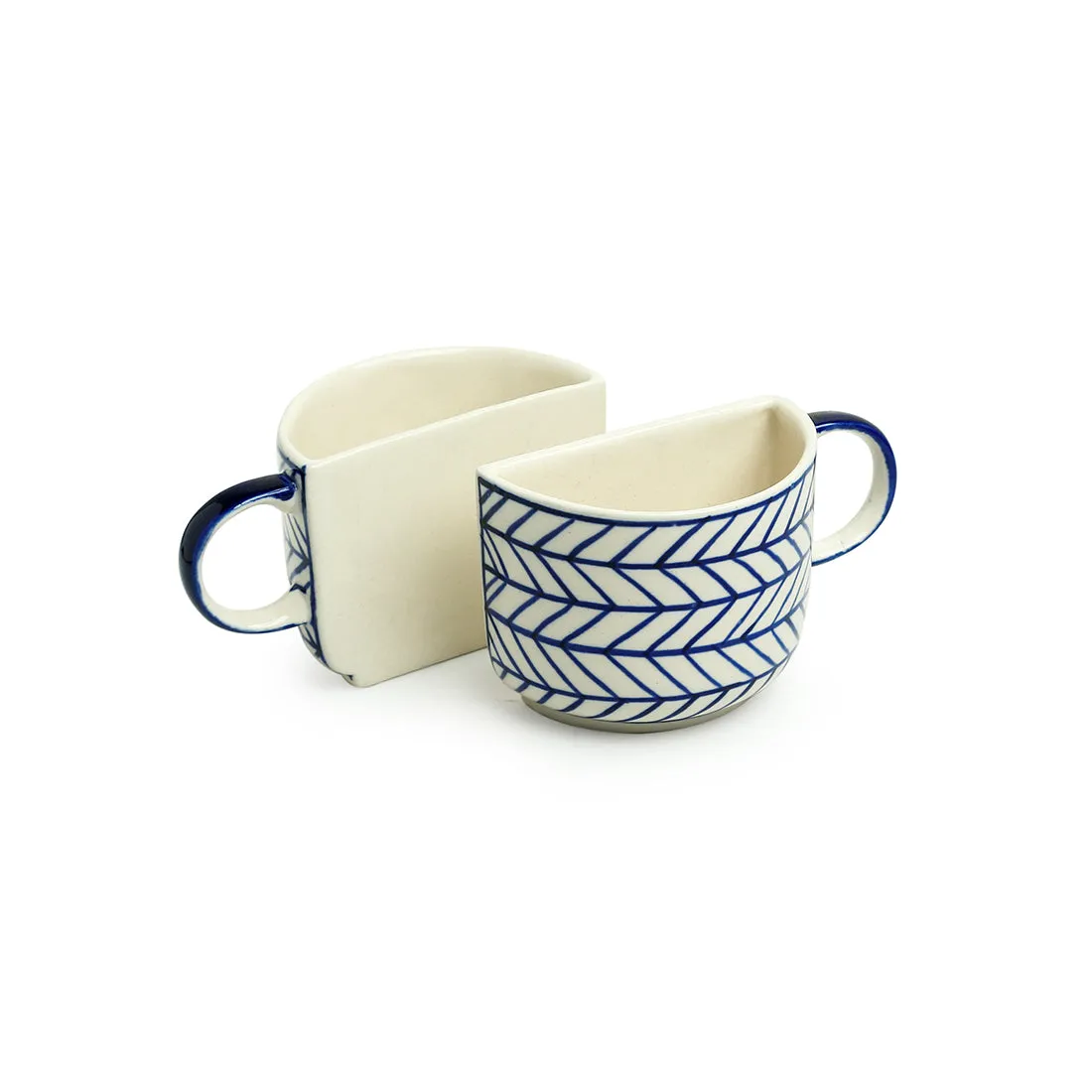 'Indigo Chevron' Handpainted Ceramic Unique Half Cup For Coffee & Tea (Set of 2, 200 ML, Microwave Safe)