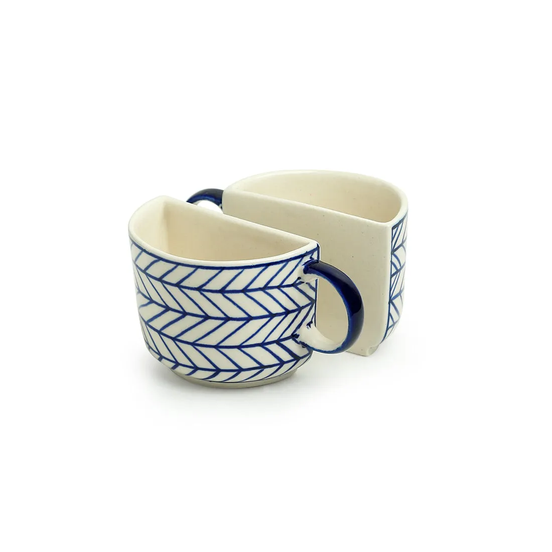 'Indigo Chevron' Handpainted Ceramic Unique Half Cup For Coffee & Tea (Set of 2, 200 ML, Microwave Safe)