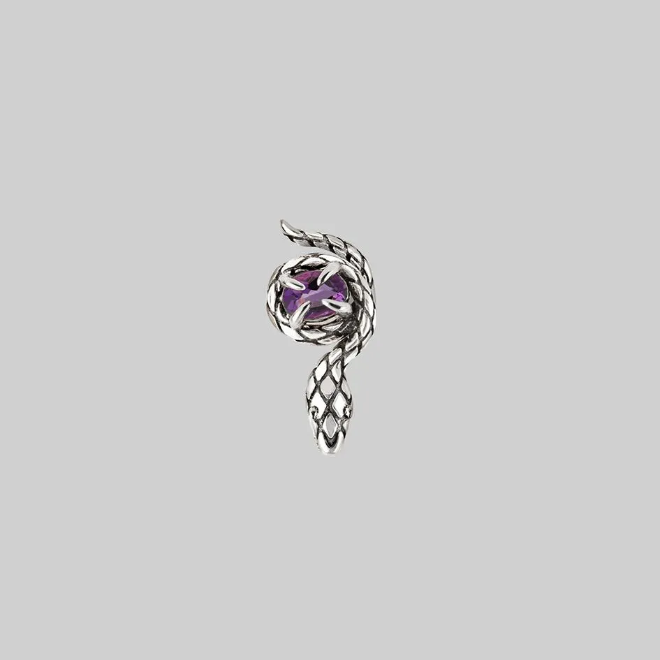 INSIDIOUS. Amethyst Coiled Snake Stud Earring - Silver