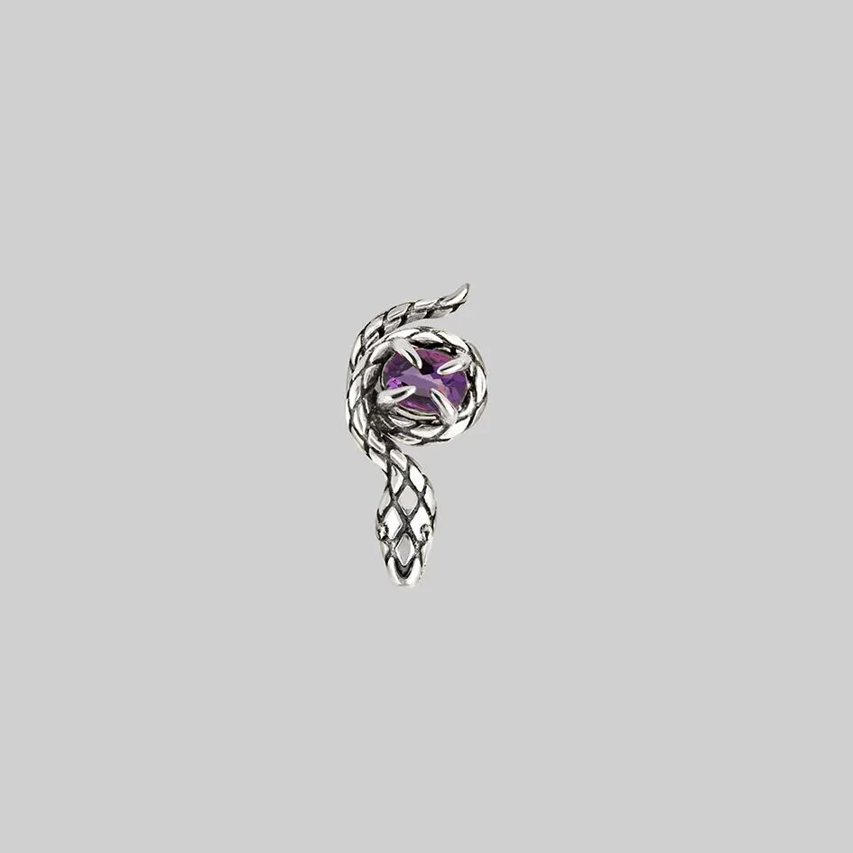 INSIDIOUS. Amethyst Coiled Snake Stud Earring - Silver