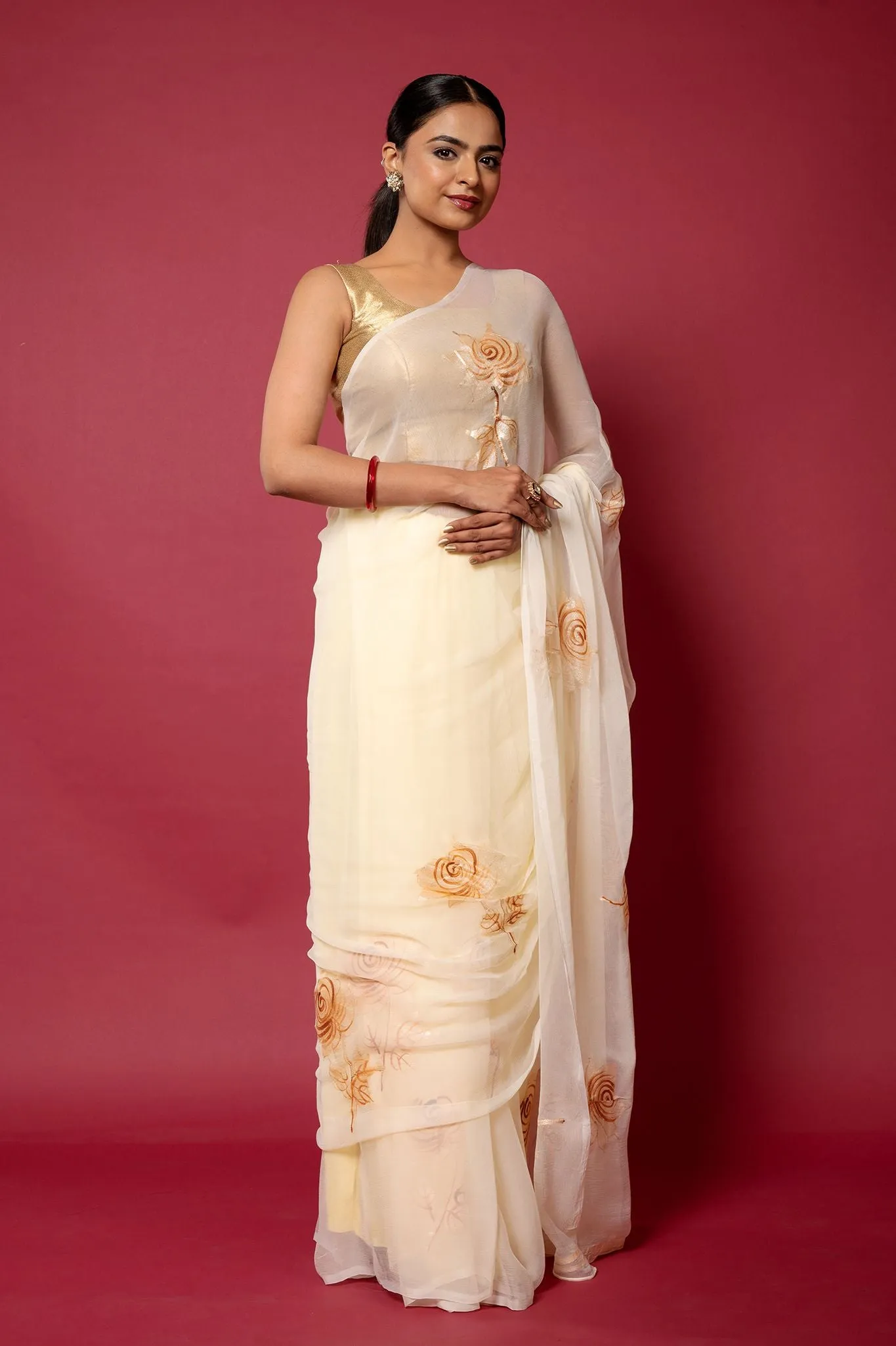 Ivory Handpainted Viscose Chiffon Saree