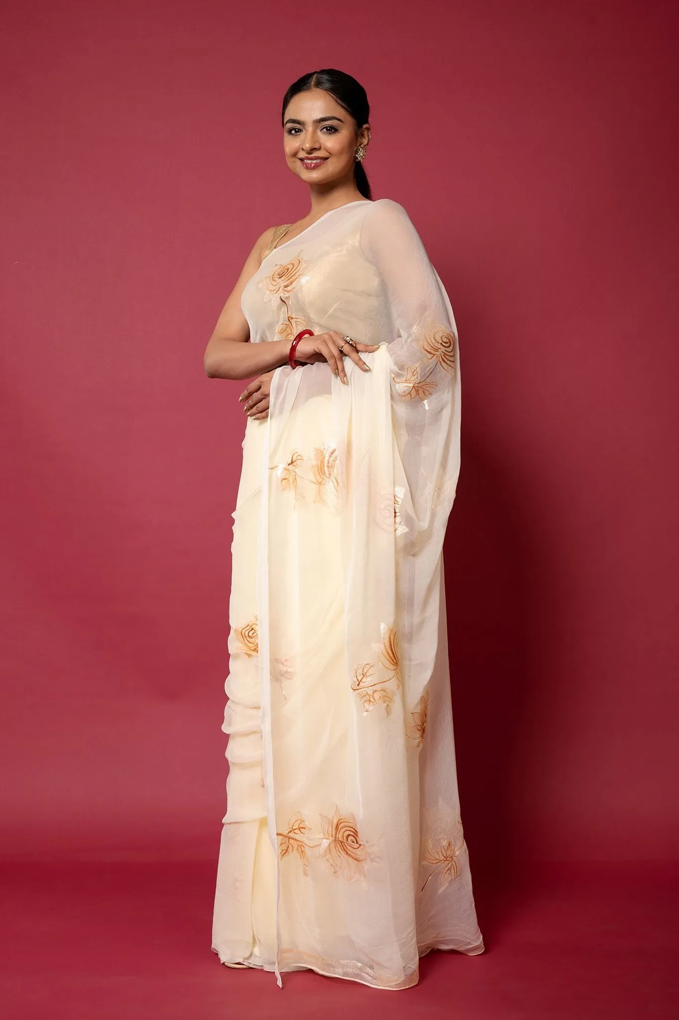 Ivory Handpainted Viscose Chiffon Saree