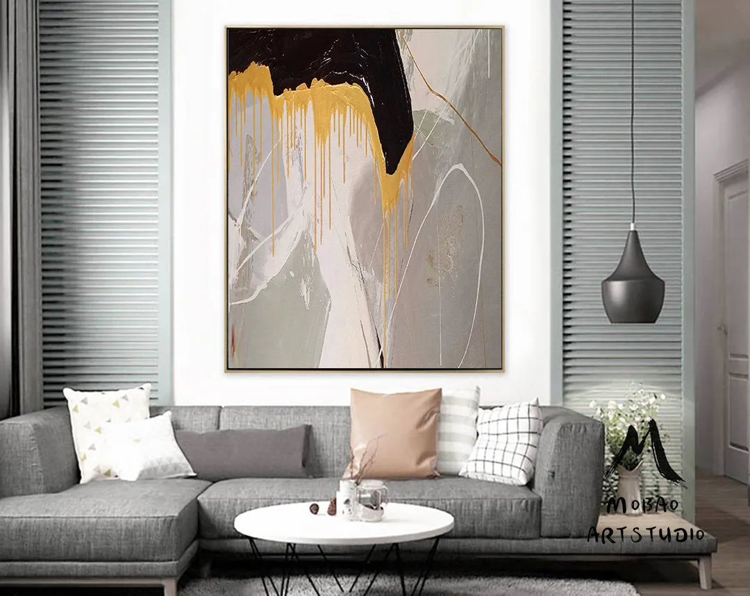 Large Gold Abstract Painting,Office Wall Art,Large Gray Textured Art Bg013