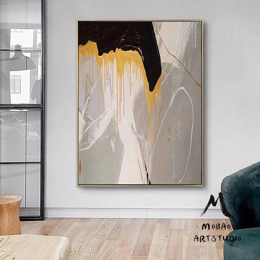 Large Gold Abstract Painting,Office Wall Art,Large Gray Textured Art Bg013