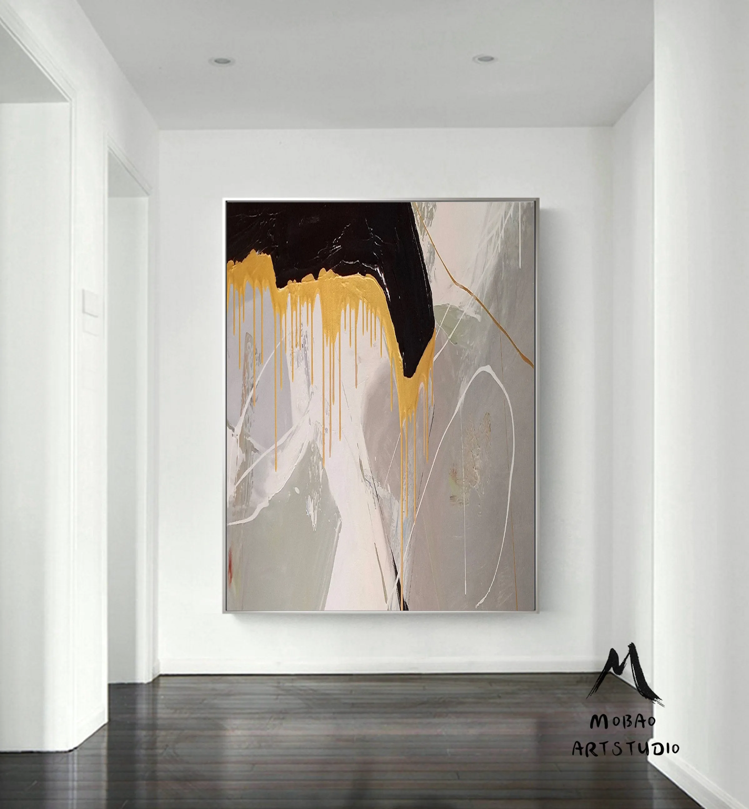 Large Gold Abstract Painting,Office Wall Art,Large Gray Textured Art Bg013