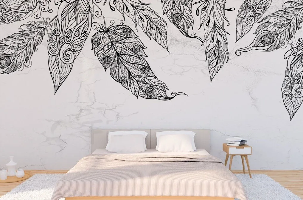 Large modern black white peel and stick wallpaper, self adhesive removable wall mural with abstract bird feathers on gray marble