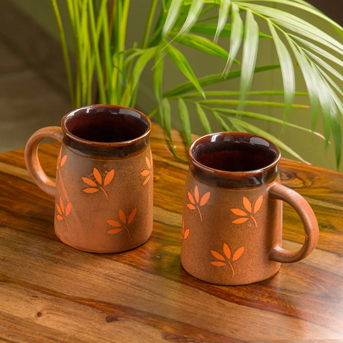 'Leaf Sips' Handpainted & Handglazed Studio Pottery Coffee & Tea Mugs In Ceramic (Set of 2)