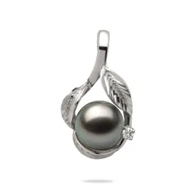 Maile Tahitian Black Pearl Pendant in White Gold with Diamond - 9-10mm