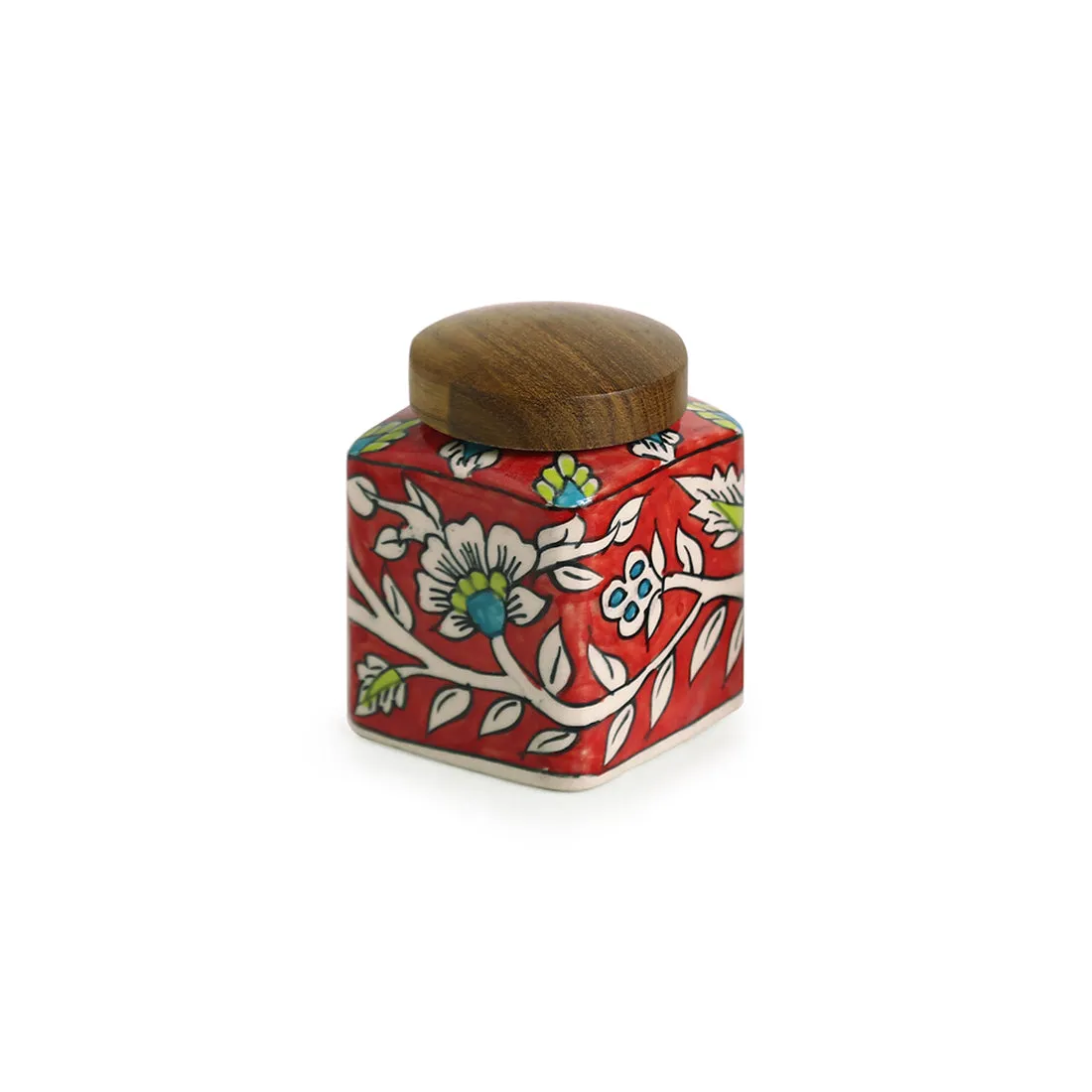 'Mughal Cuboidal' Floral Handpainted Multi Utility Storage Jar & Container In Ceramic (Airtight, 240 ML, 3.8 Inch)