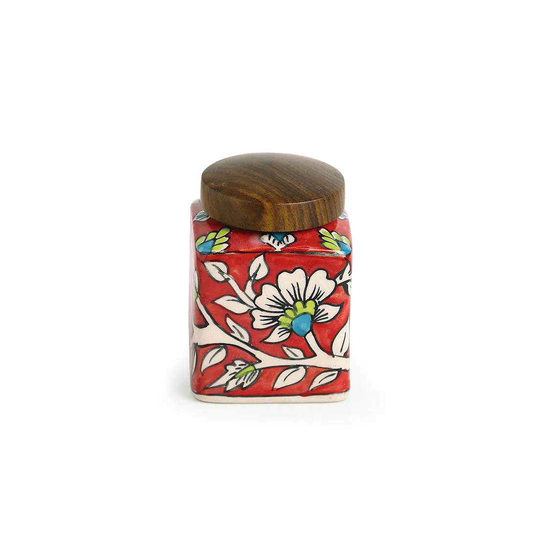 'Mughal Cuboidal' Floral Handpainted Multi Utility Storage Jar & Container In Ceramic (Airtight, 240 ML, 3.8 Inch)