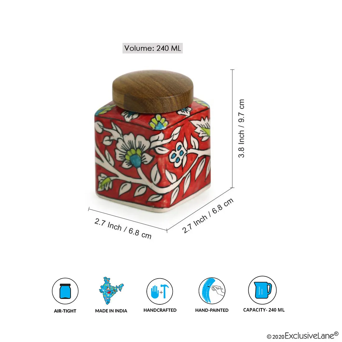 'Mughal Cuboidal' Floral Handpainted Multi Utility Storage Jar & Container In Ceramic (Airtight, 240 ML, 3.8 Inch)