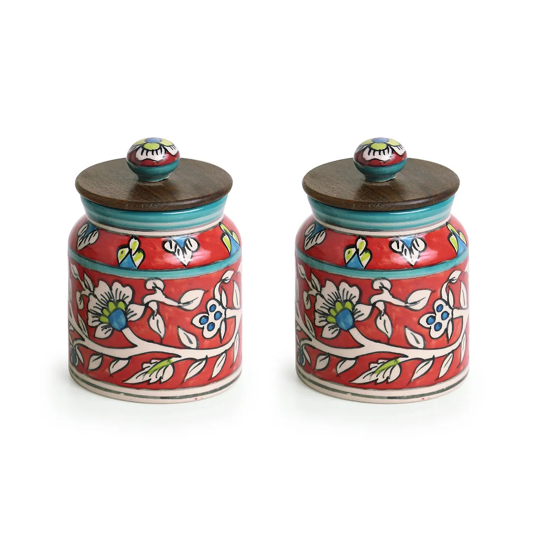 'Mughal Cylindrical Duo' Floral Handpainted Multi Utility Storage Jars & Containers In Ceramic (Non-Airtight, Set of 2, 410 ML, 5.2 Inch)