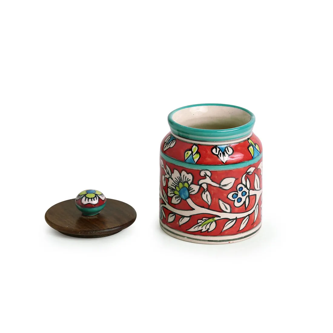 'Mughal Cylindrical Duo' Floral Handpainted Multi Utility Storage Jars & Containers In Ceramic (Non-Airtight, Set of 2, 410 ML, 5.2 Inch)