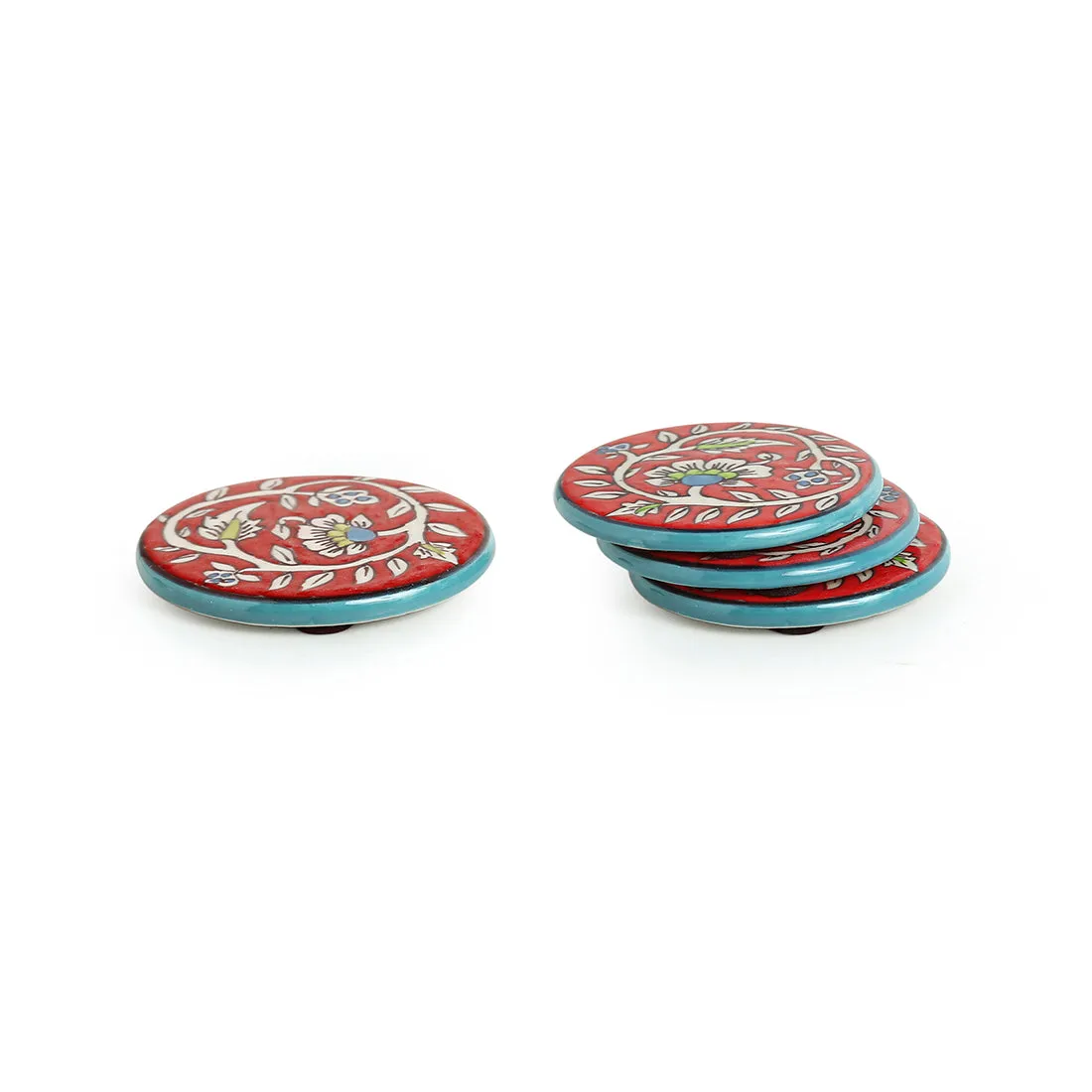 'Mughal Disks' Floral Handpainted Coasters In Ceramic (Set of 4)