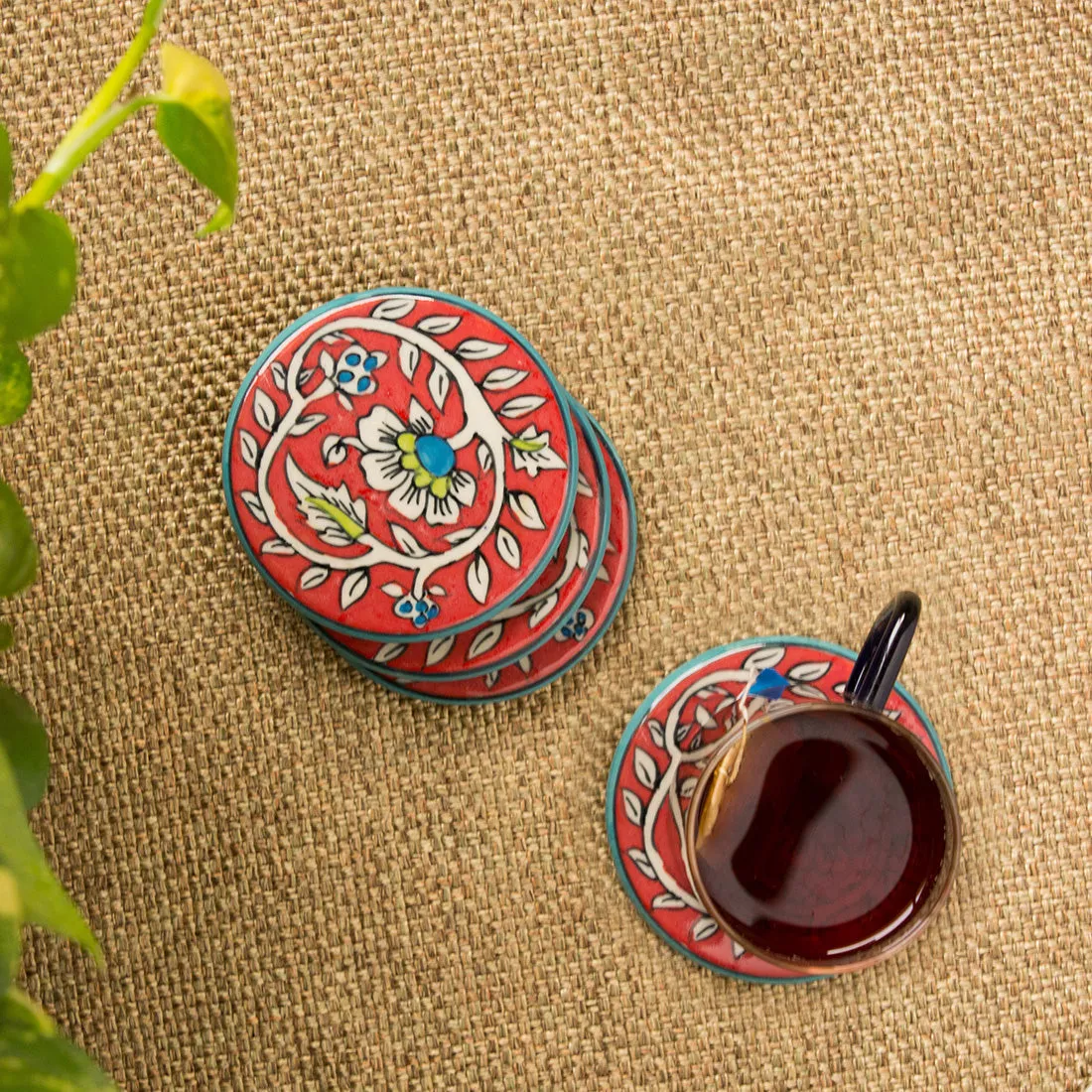 'Mughal Disks' Floral Handpainted Coasters In Ceramic (Set of 4)