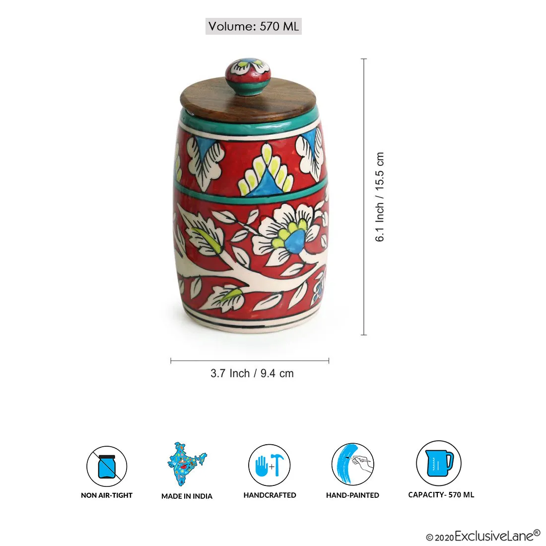 'Mughal Drum Duo' Floral Handpainted Multi Utility Storage Jars & Containers In Ceramic (Non-Airtight, Set of 2, 570 ML, 6.1 Inch)