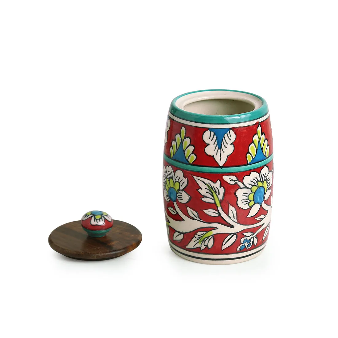 'Mughal Drum Duo' Floral Handpainted Multi Utility Storage Jars & Containers In Ceramic (Non-Airtight, Set of 2, 570 ML, 6.1 Inch)