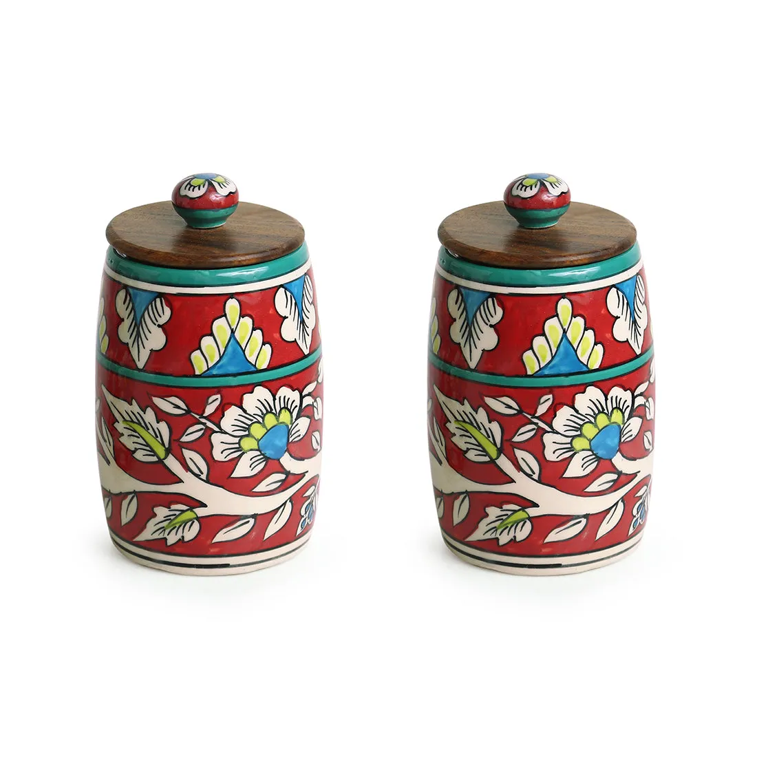 'Mughal Drum Duo' Floral Handpainted Multi Utility Storage Jars & Containers In Ceramic (Non-Airtight, Set of 2, 570 ML, 6.1 Inch)