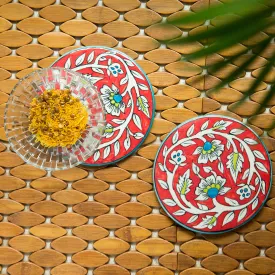 'Mughal Rounds' Floral Handpainted Trivets In Ceramic (Set of 2)