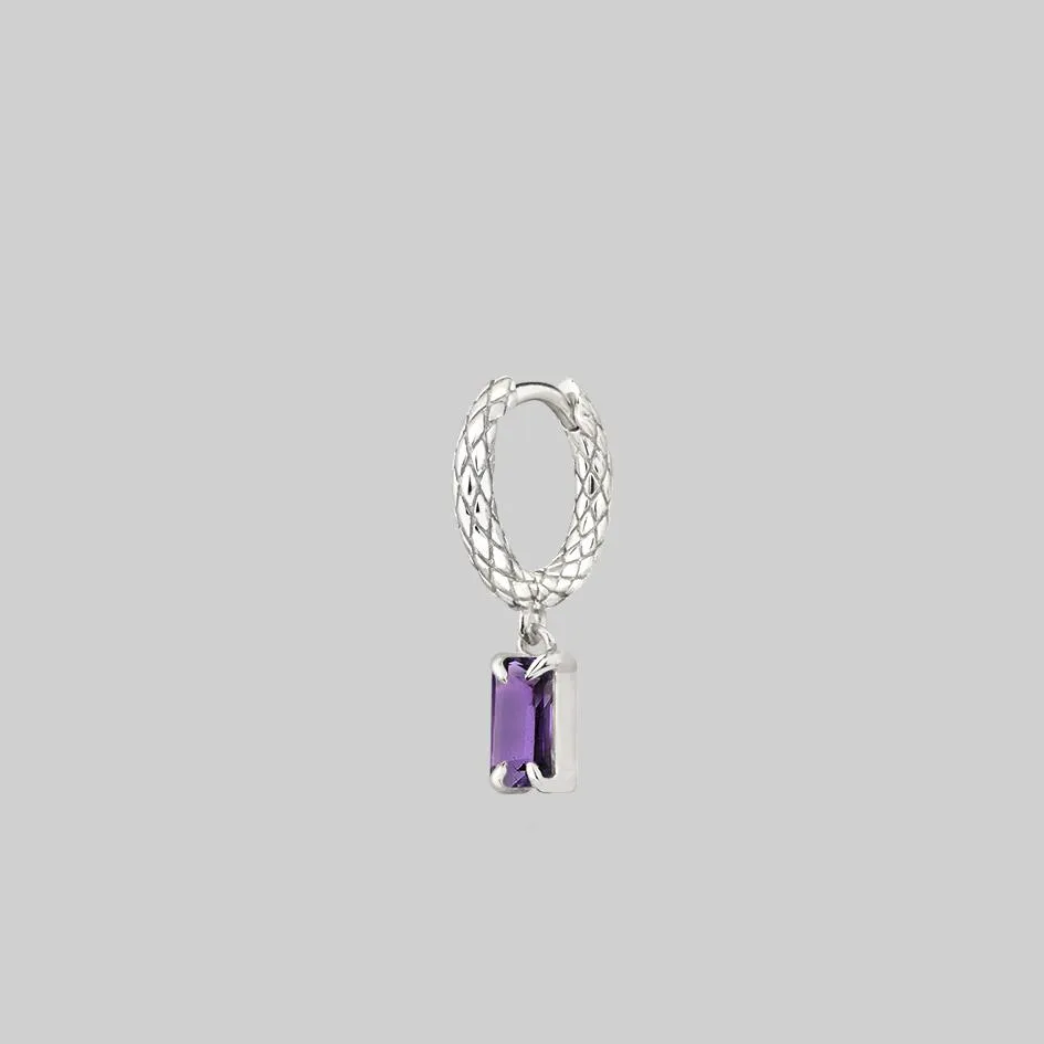 NYMPH. Dangly Amethyst Rectangle Hoop Earrings - Silver