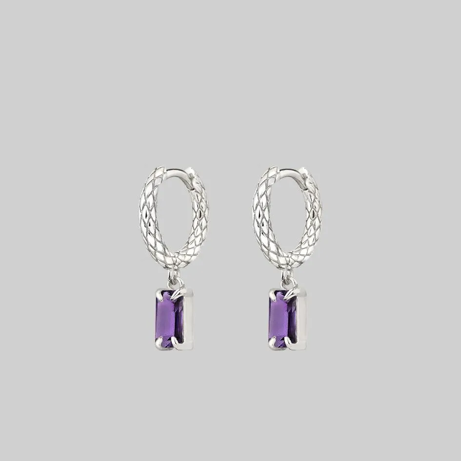 NYMPH. Dangly Amethyst Rectangle Hoop Earrings - Silver