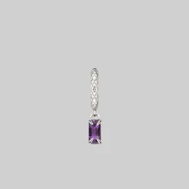 NYMPH. Dangly Amethyst Rectangle Hoop Earrings - Silver