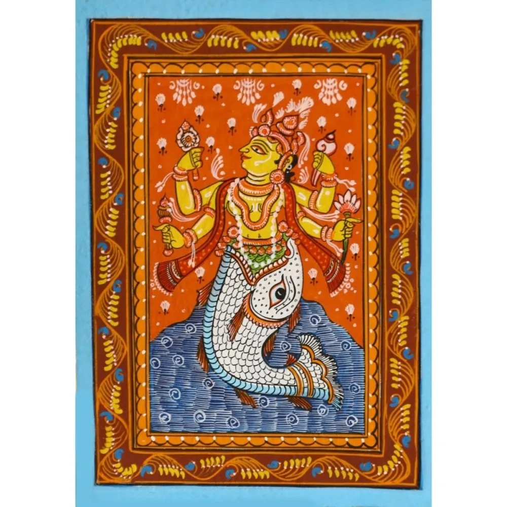 Pattachitra Lord Vishnu Matsya Avatar Tangerine Painting