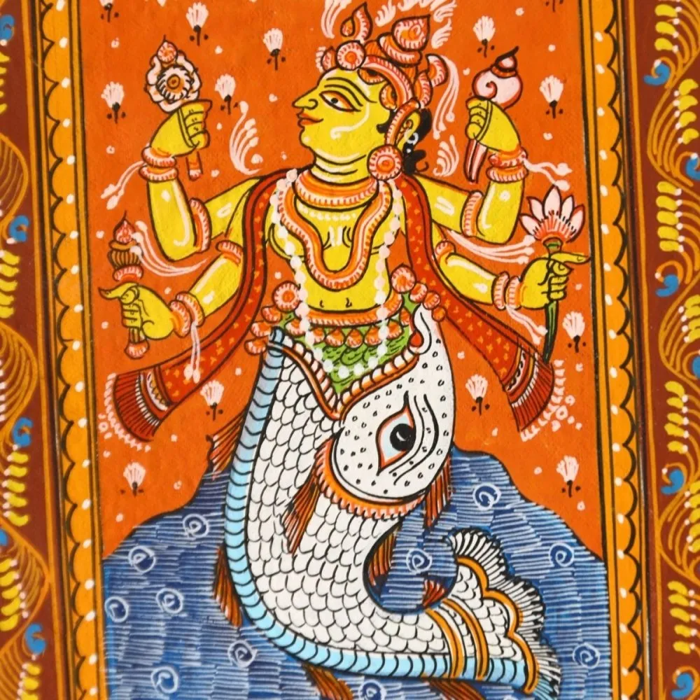 Pattachitra Lord Vishnu Matsya Avatar Tangerine Painting