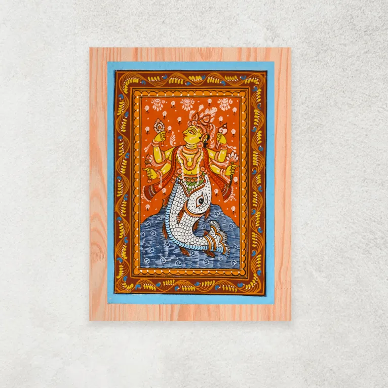 Pattachitra Lord Vishnu Matsya Avatar Tangerine Painting