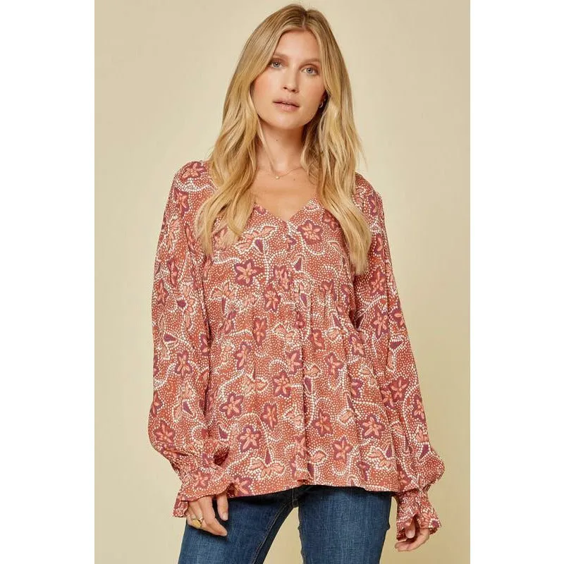 Printed Babydoll Top with V-Neckline