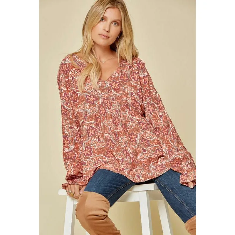 Printed Babydoll Top with V-Neckline