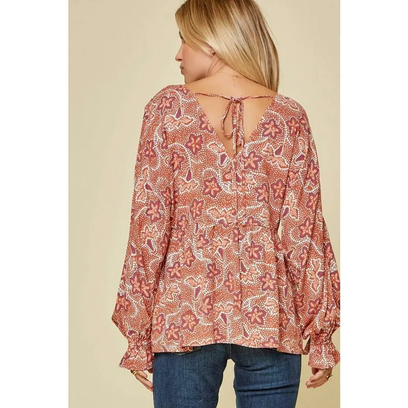 Printed Babydoll Top with V-Neckline