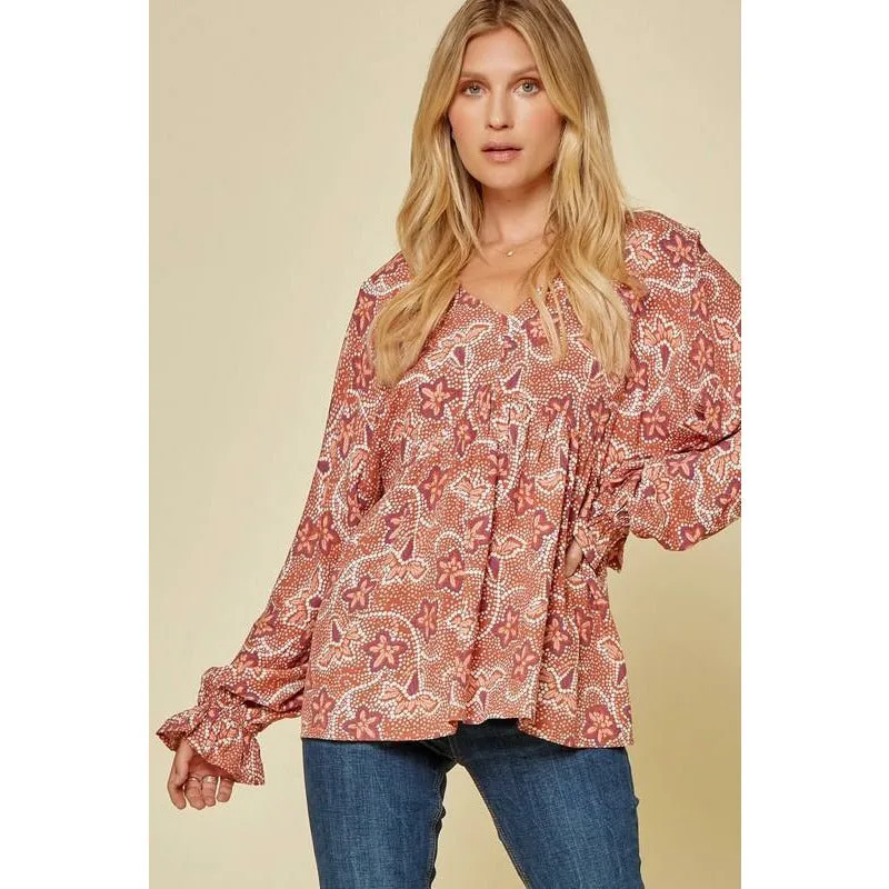 Printed Babydoll Top with V-Neckline