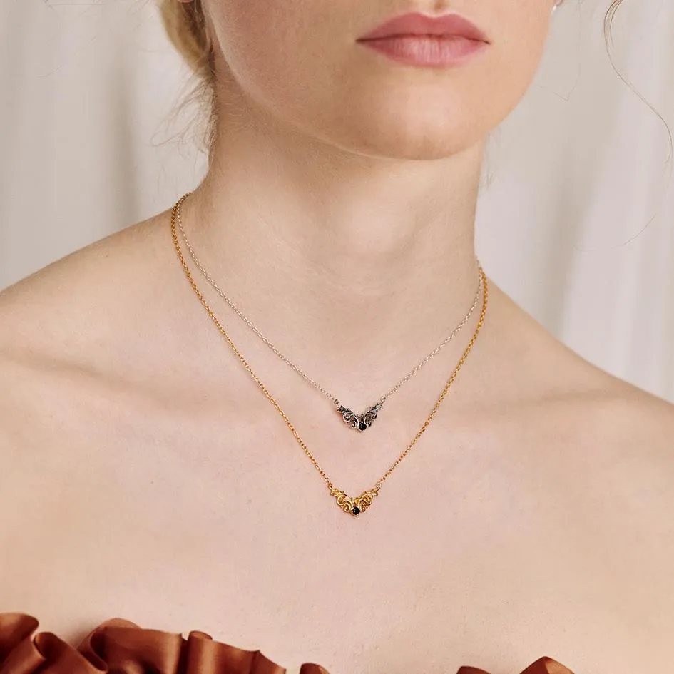 QUENTIN. Ornate Flourish Chevron Onyx Collar - Silver