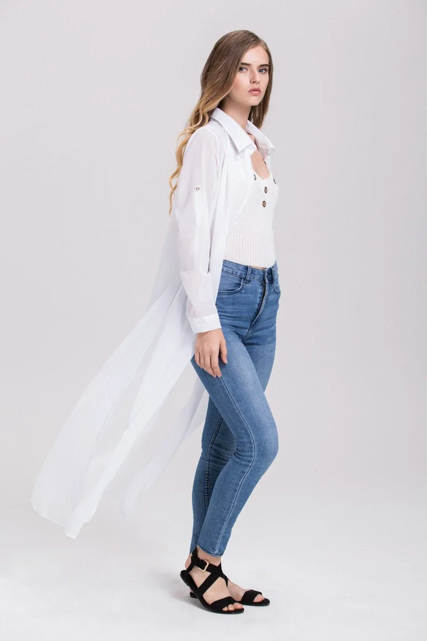 Rania Fawaz - White Sheer Gold Button Long Shirt Top