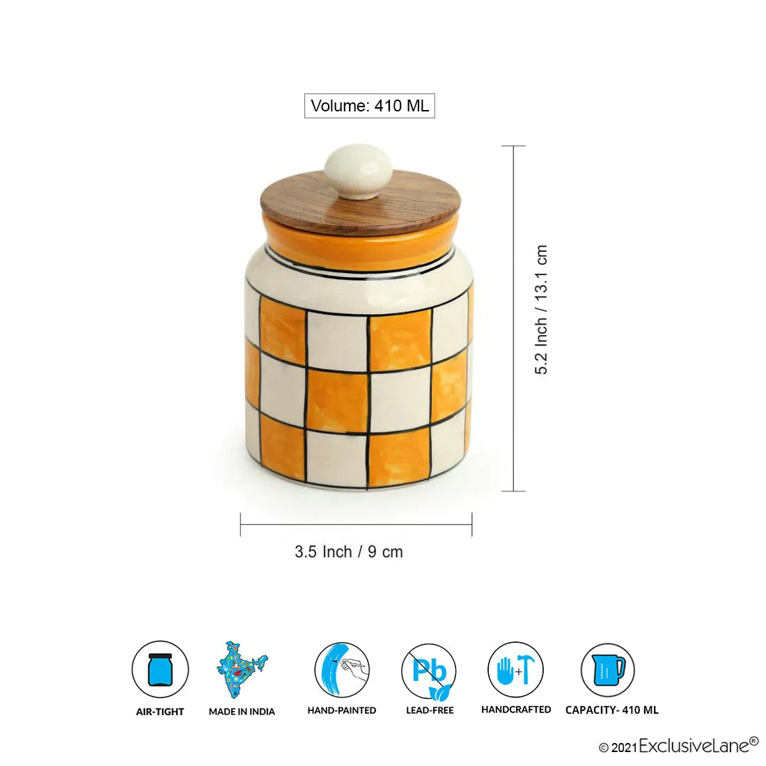 'Shatranj Checkered' Handpainted Multi-Purpose Storage Jar & Container in Ceramic (Airtight, 410 ML, 5.2 Inch)