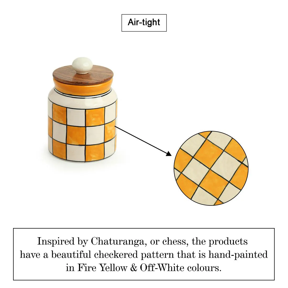 'Shatranj Checkered' Handpainted Multi-Purpose Storage Jar & Container in Ceramic (Airtight, 410 ML, 5.2 Inch)