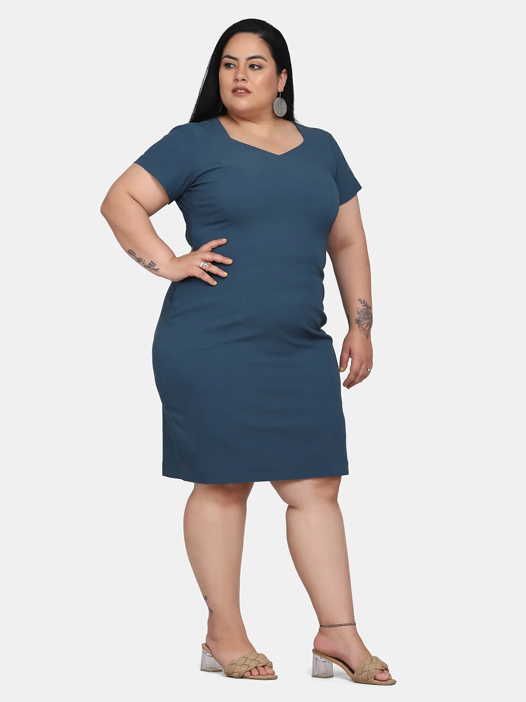 Solid Colour Stretch Dress - Teal Blue