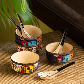 'Soupy Huts' Handpainted Soup Bowl With Spoon  In Ceramic (Set Of 4, 260 ML, Microwave Safe)