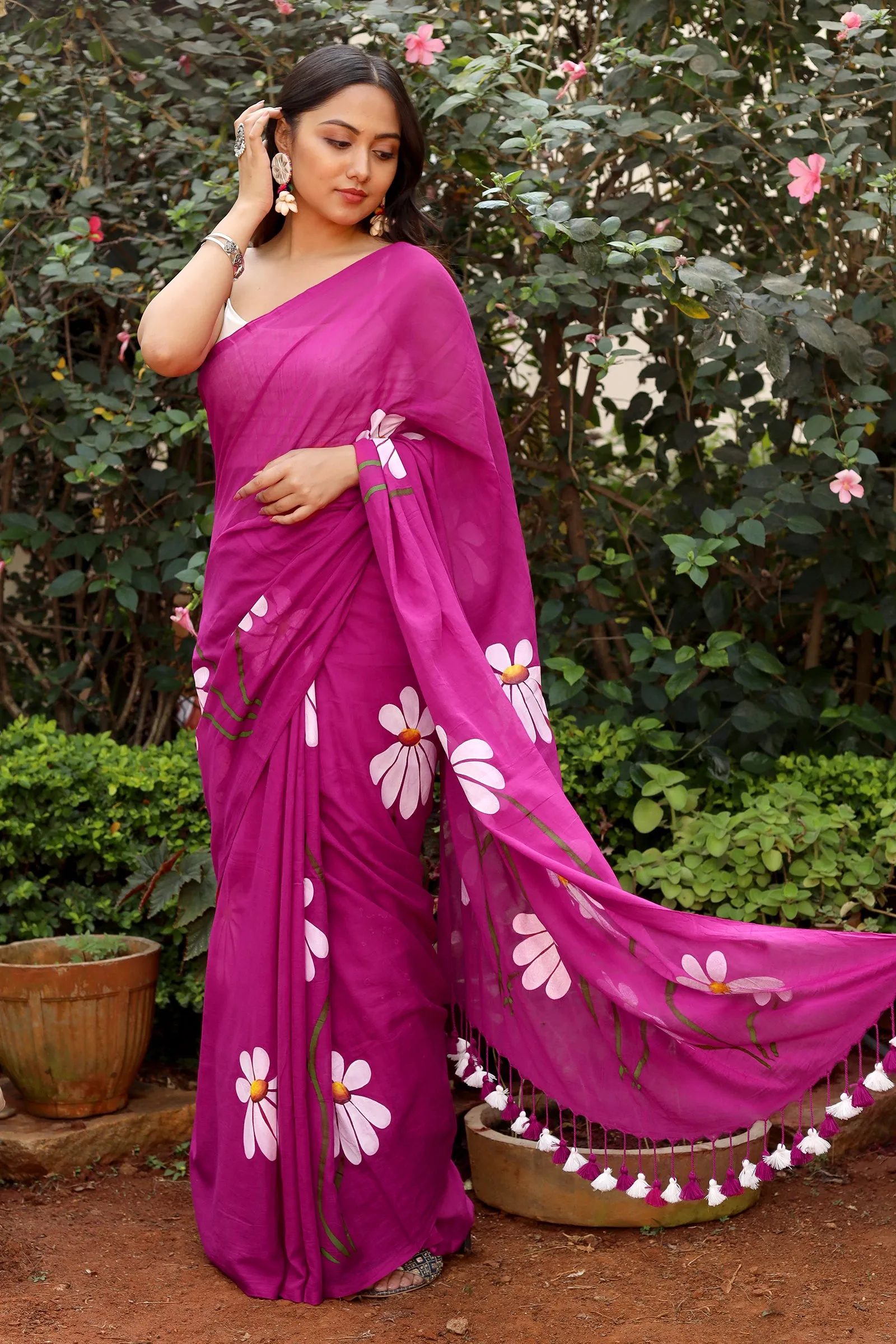 Teejh Blossom Breeze Fuchsia Pink Printed Mulmul Cotton Saree