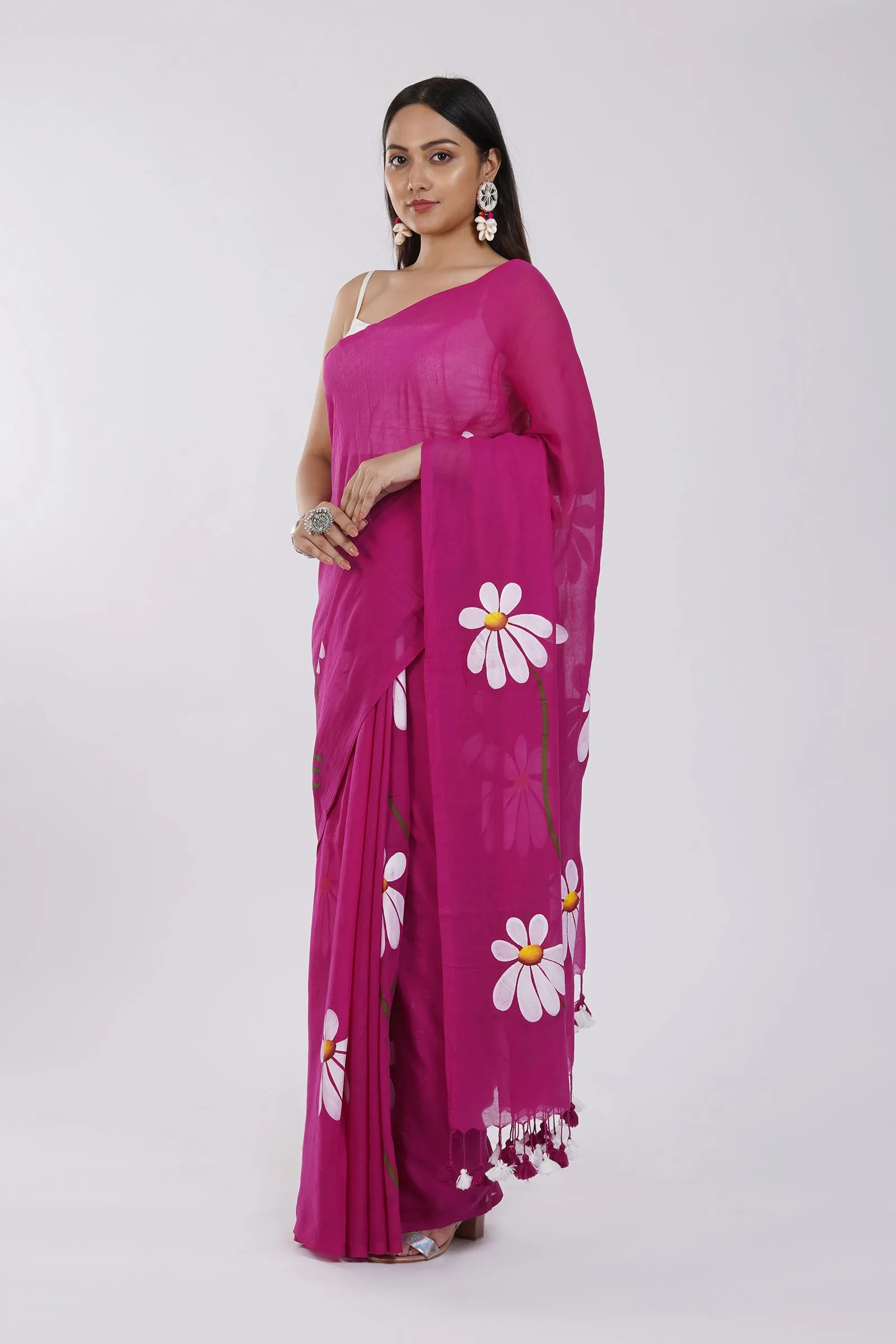 Teejh Blossom Breeze Fuchsia Pink Printed Mulmul Cotton Saree