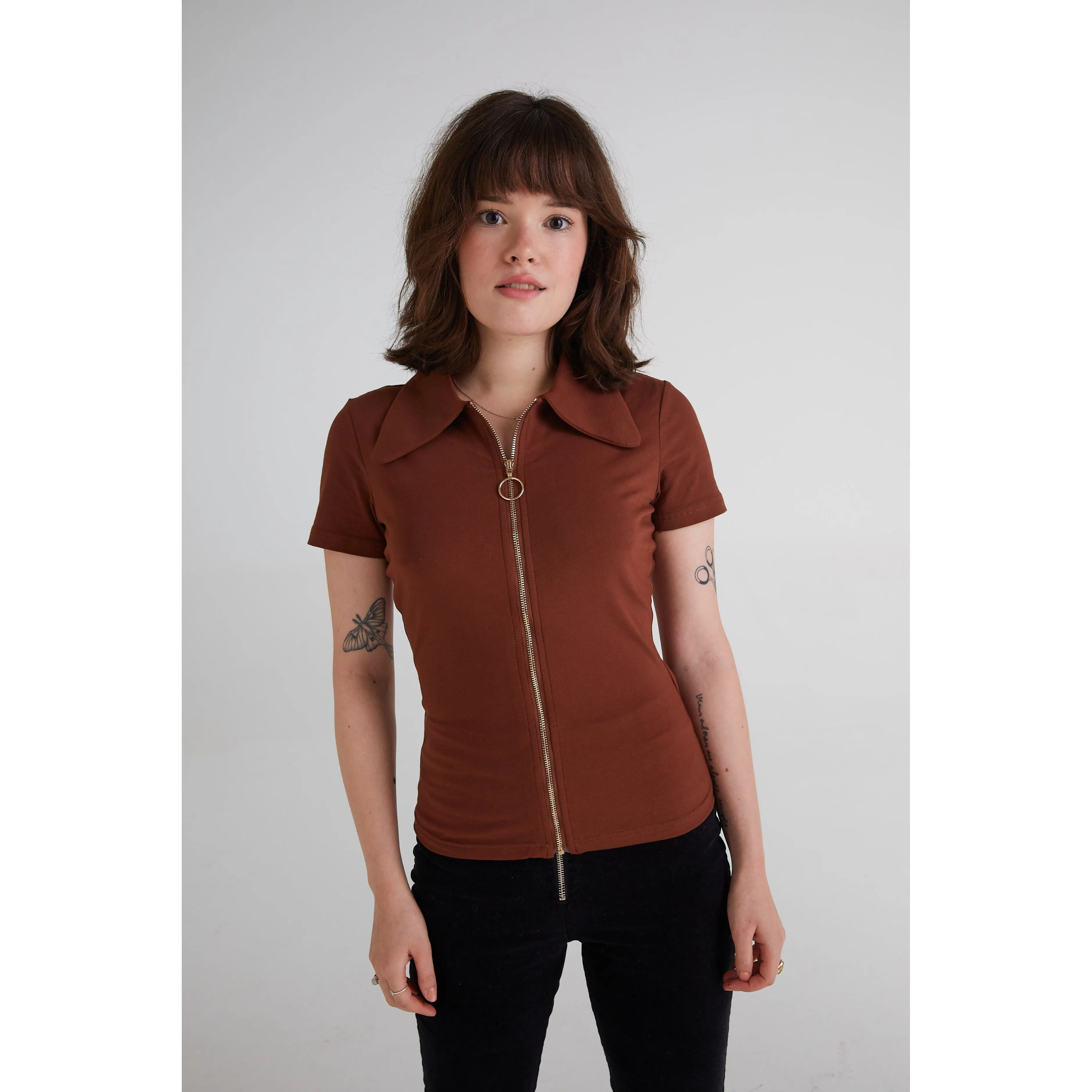 The Chain - Exclusive 'Jagger' Dagger Collar Zip Front Brown - Shirt