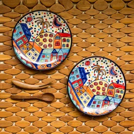 'The Hut Couple' Handpainted Ceramic Quarter Plates (7 Inch, Set Of 2)