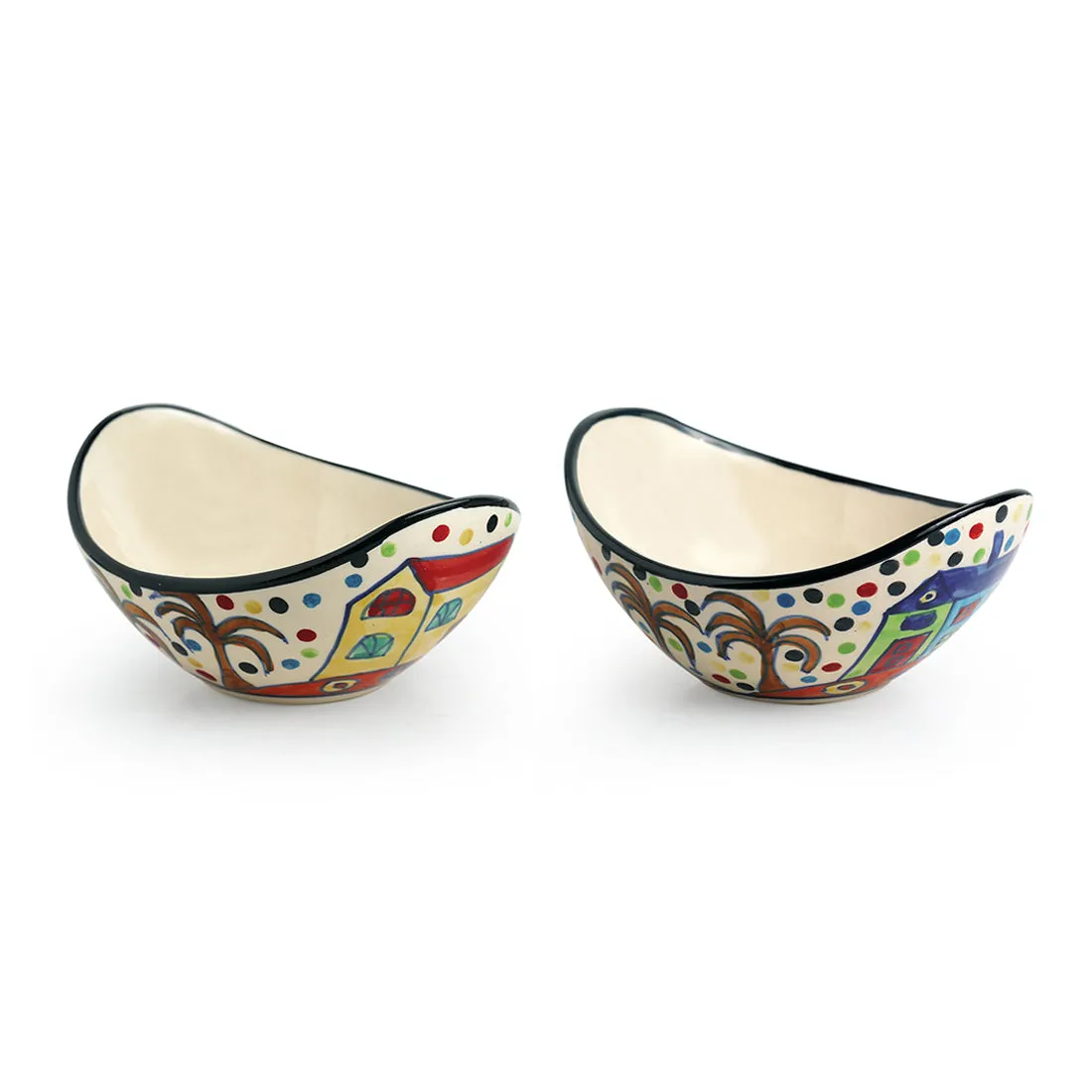 'The Hut Curved Serving' Handpainted Ceramic Bowls (Set Of 2)