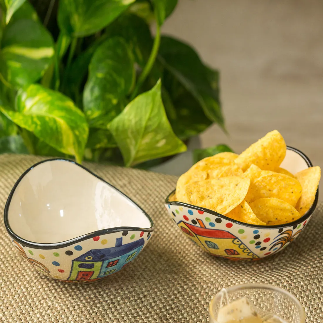 'The Hut Curved Serving' Handpainted Ceramic Bowls (Set Of 2)