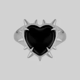 VOID. Spiked Black Glass Heart Ring - Silver