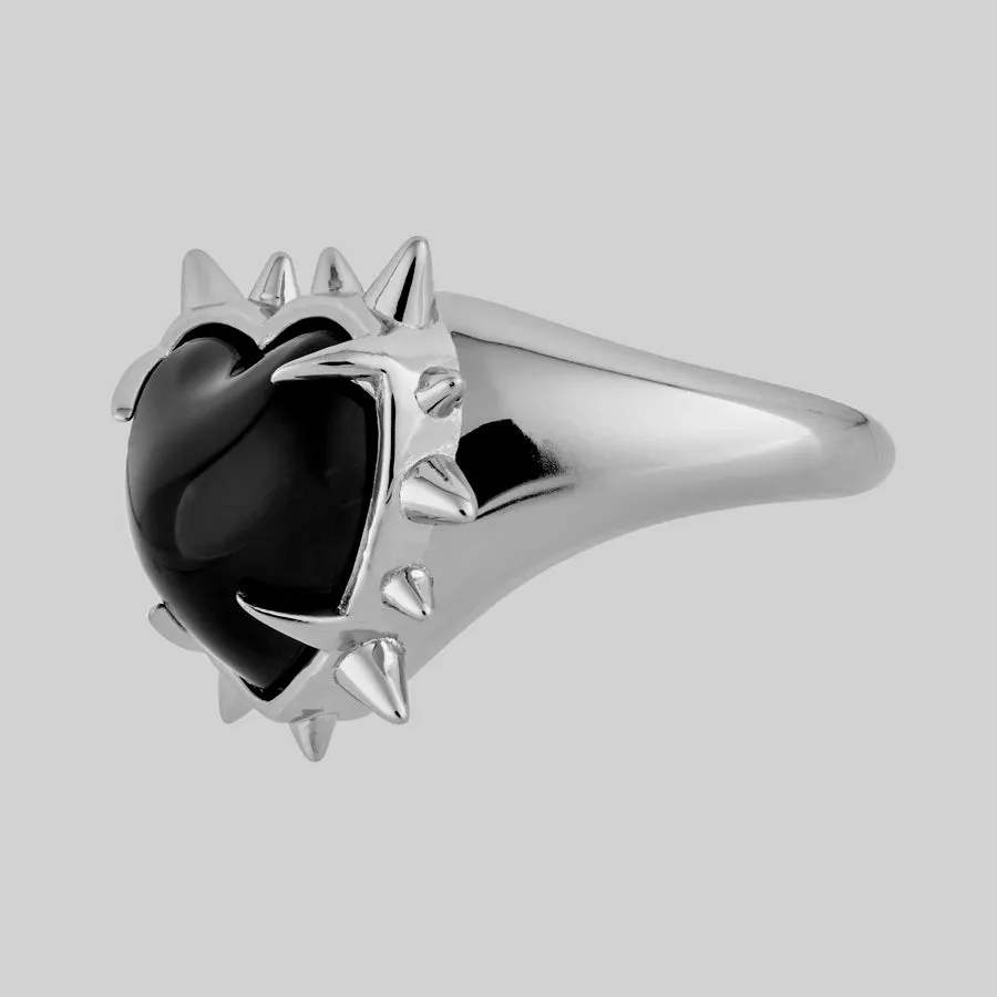 VOID. Spiked Black Glass Heart Ring - Silver